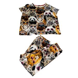 Secret Treasures L (12-14) Animal Print Pajama Set Top & Pants Tiger Lion Panda